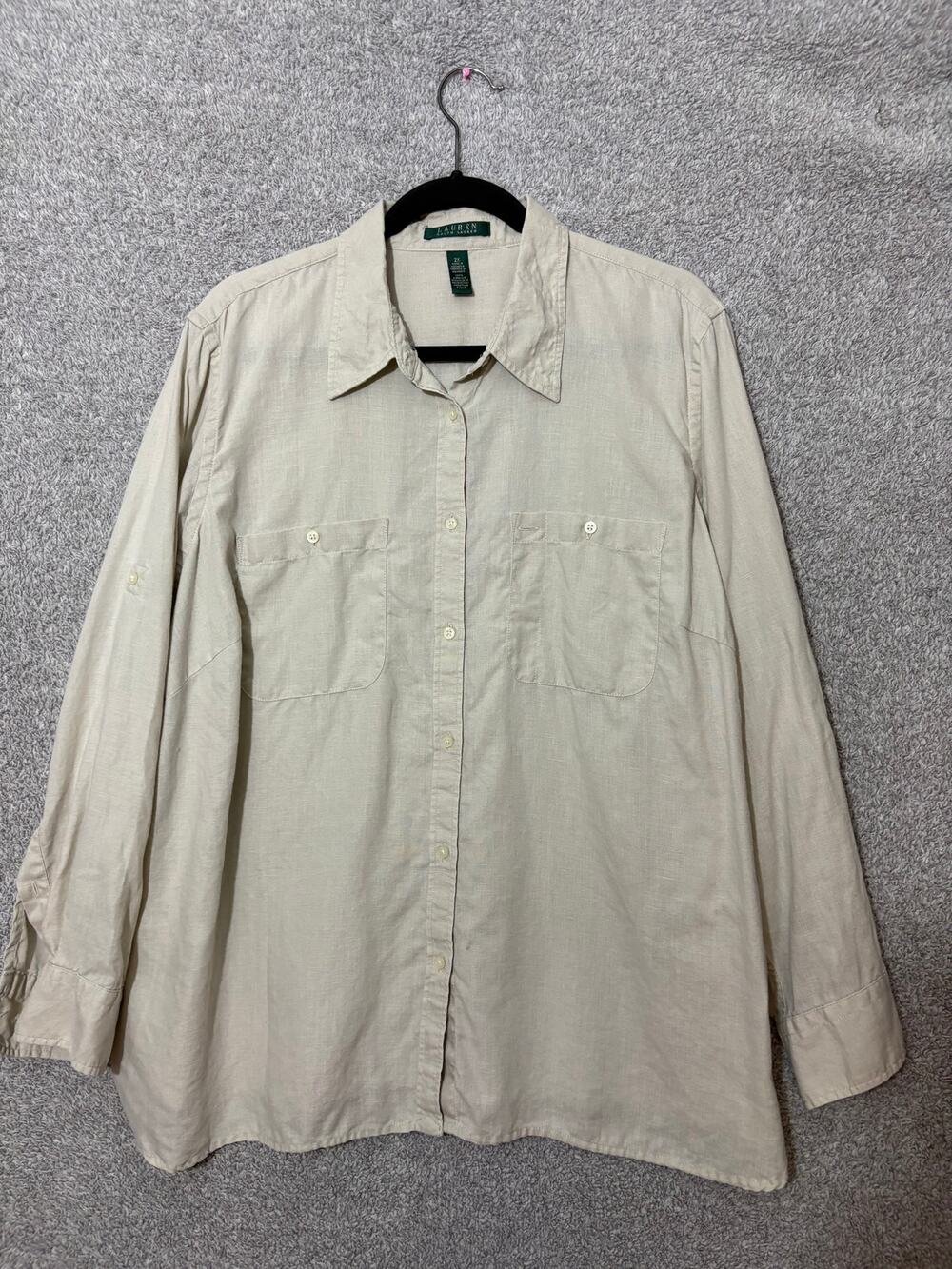 Lauren Ralph Lauren 2X Linen Shirt Beige Roll Tab Logo